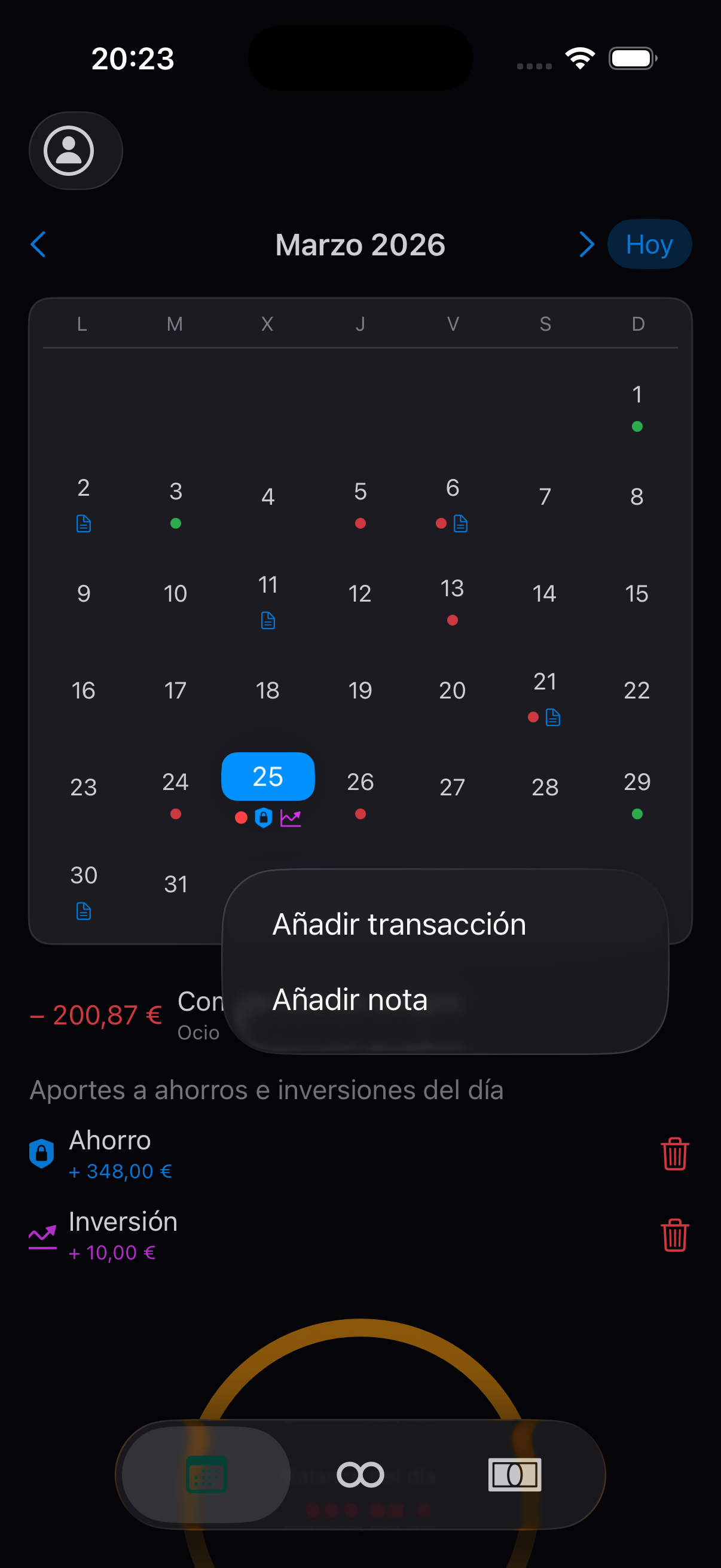 Calendario de transacciones